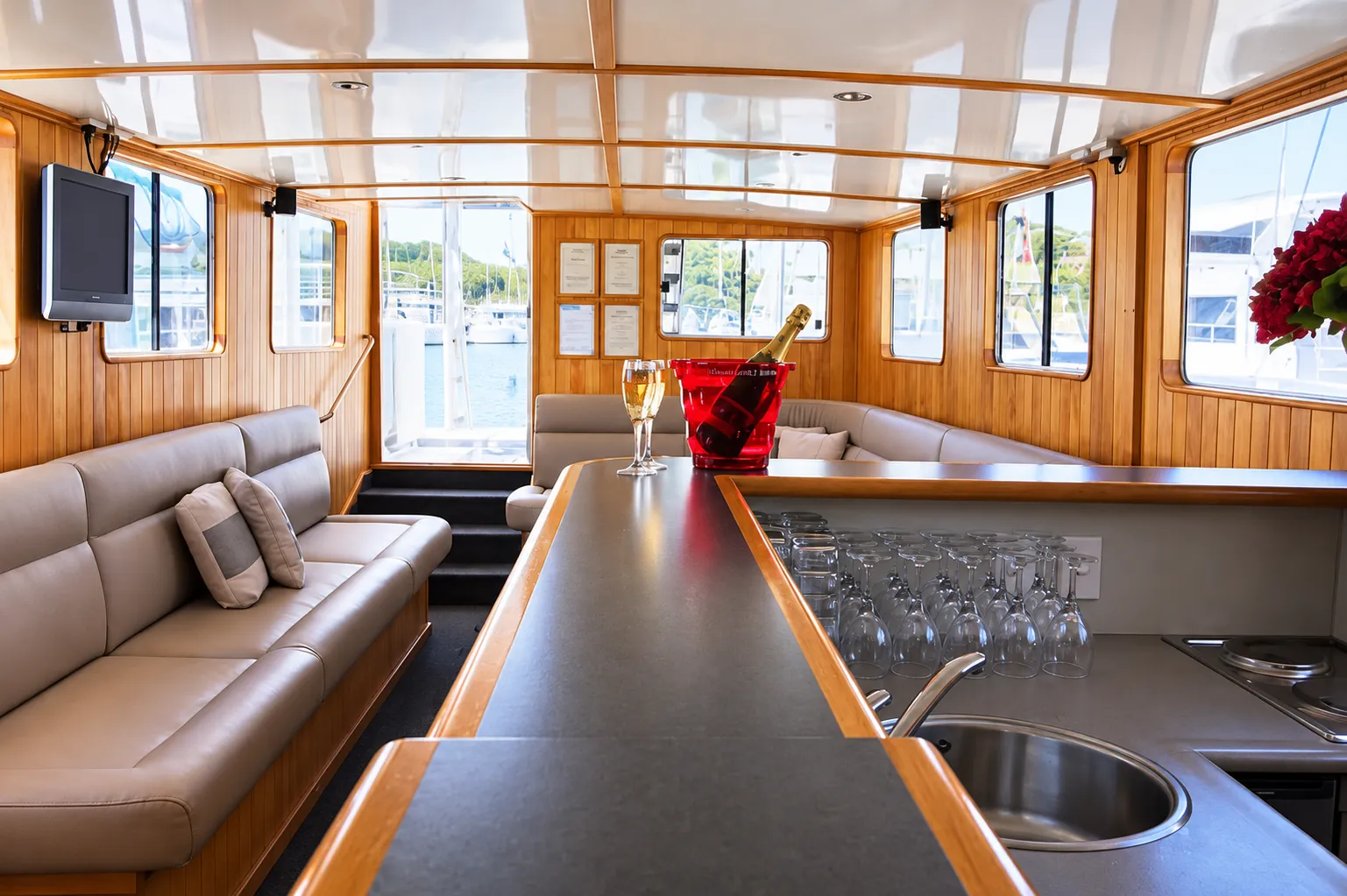 Bar on Kiwa II set with champagne and glasses, with lounge seating and doors to the deck