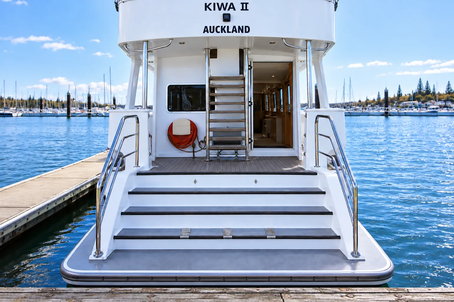 Rear boarding platform and steps of Kiwa II, moored at the marina